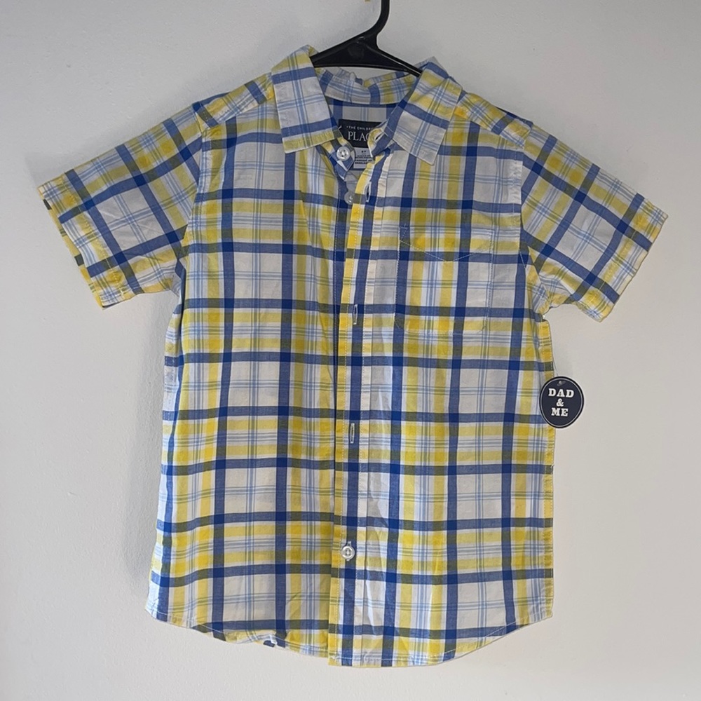 The Children’s Place yellow/blue plaid button down short sleeve shirt (size: 5T)